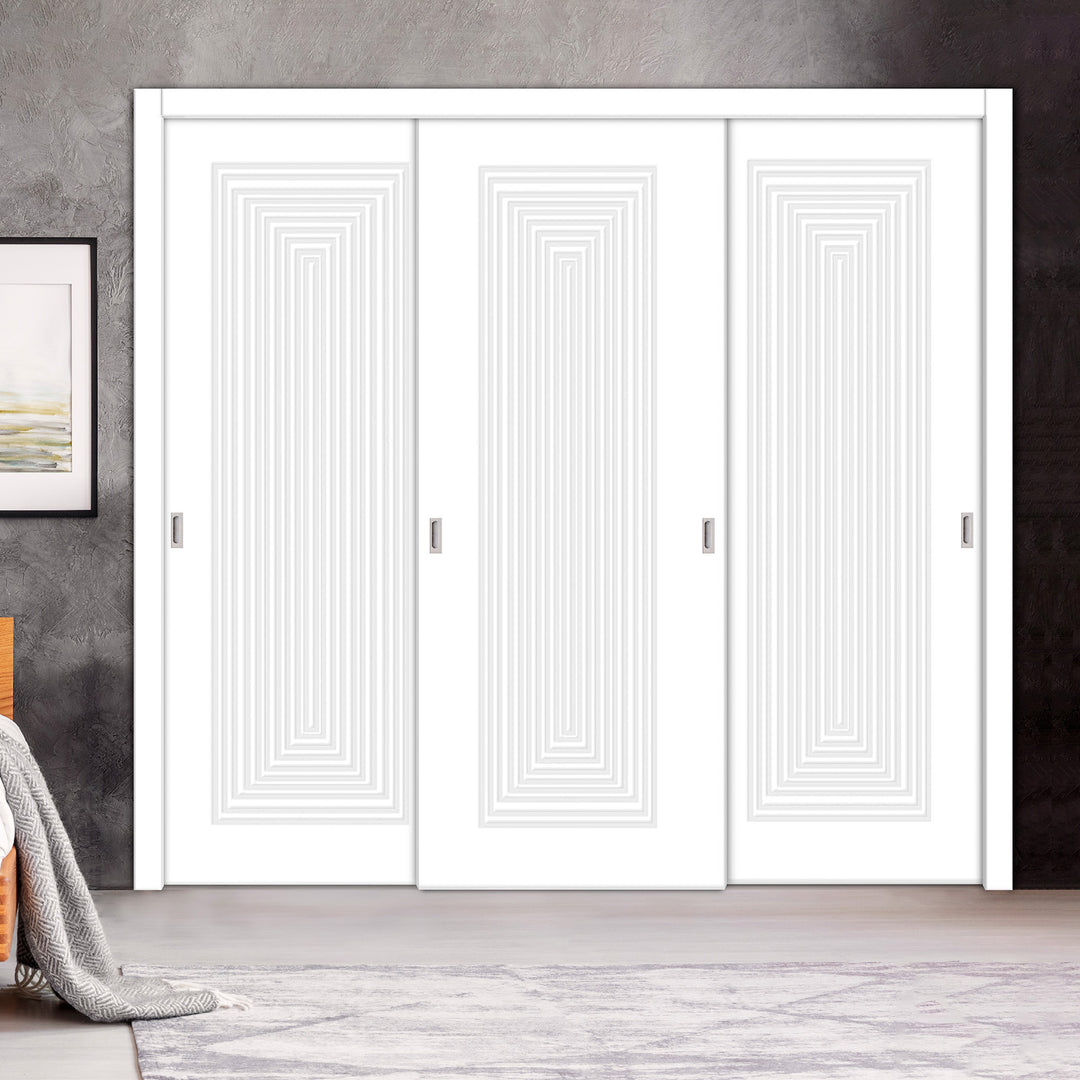 3 Leaf Bypass Sliding Closet Door with Modern Engraved Design & Hardware Kit 3SCD- 0145 - DoorDiscounter