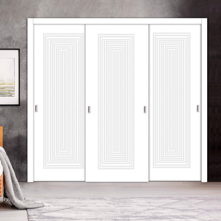 3 Leaf Bypass Sliding Closet Door with Modern Engraved Design & Hardware Kit 3SCD- 0145 - DoorDiscounter