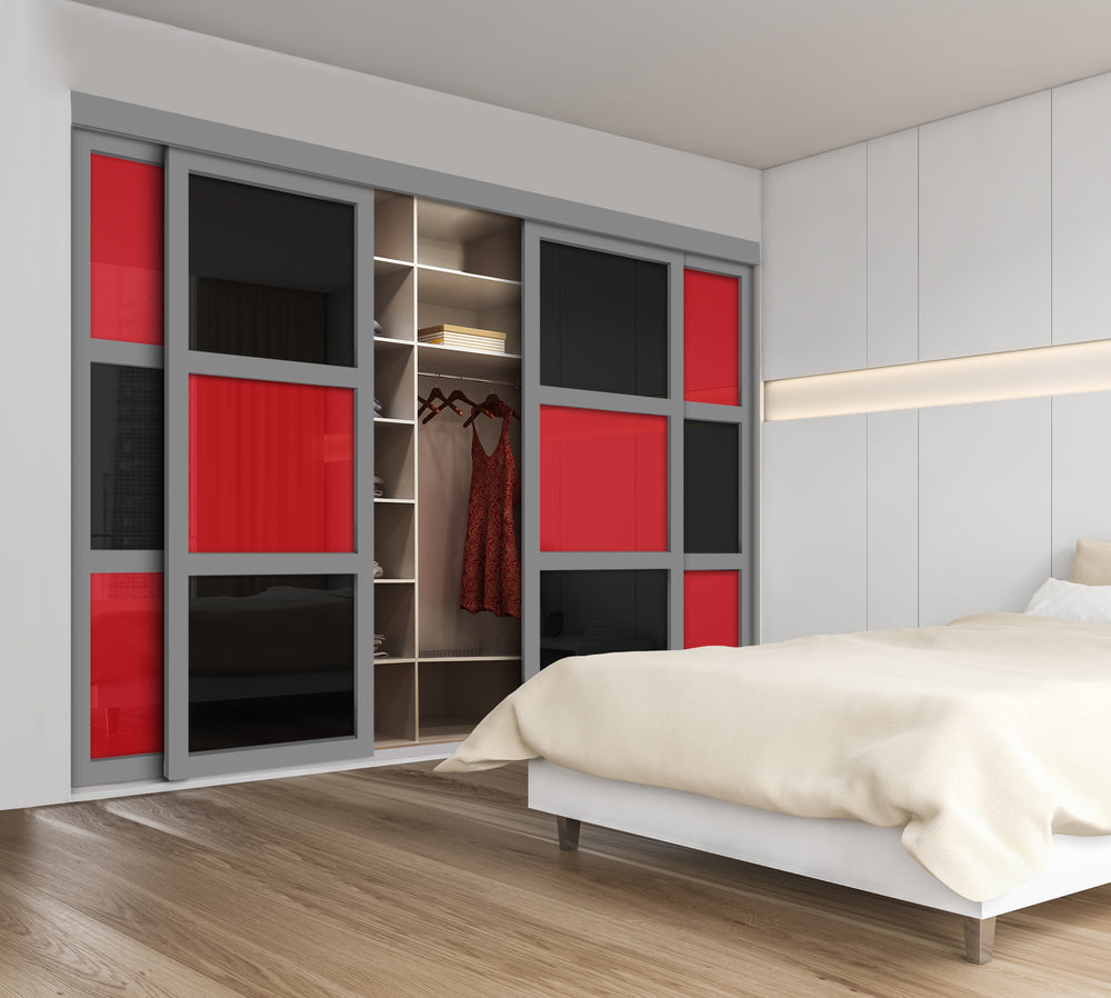 CLOSET DOOR WITH 4 PANEL -  RED AND BLACK PAINTED GLASS SSM4 - 2743 - DoorDiscounter