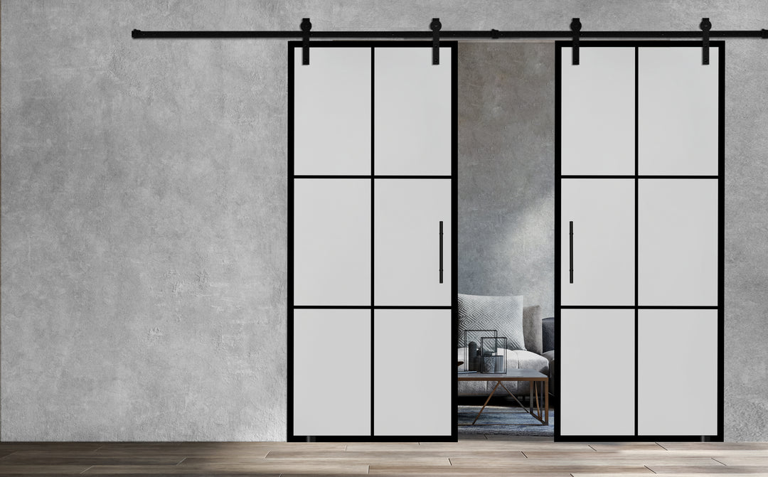 Frameless Industrial Glass Style Sliding Double Barn Door FIBD - 1380 - DoorDiscounter