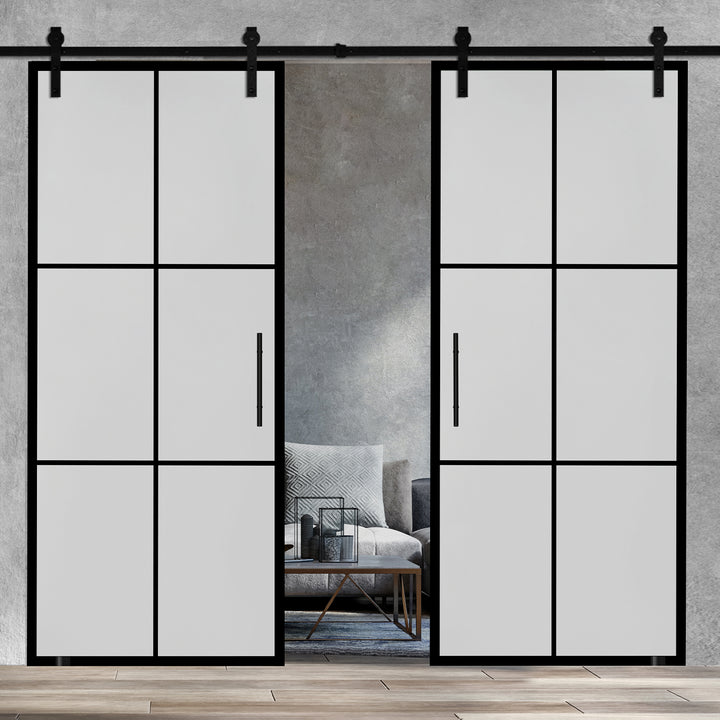 Frameless Industrial Glass Style Sliding Double Barn Door FIBD - 1380 - DoorDiscounter