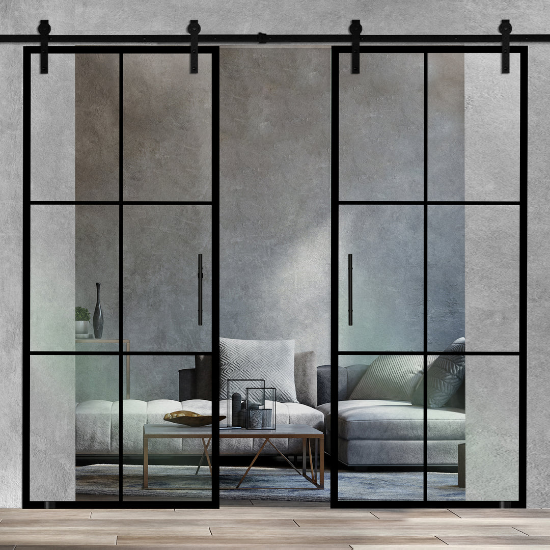 Frameless Industrial Glass Style Sliding Double Barn Door FIBD - 1380 - DoorDiscounter