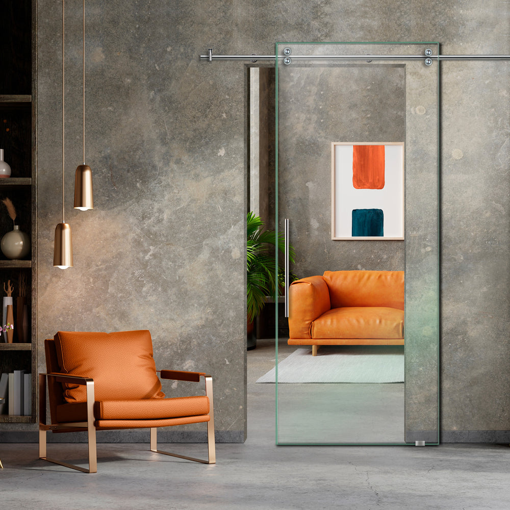 SLIDING GLASS BARN DOOR WITH FROSTED DESIGNS V2000 SGF1 - 0677 - DoorDiscounter
