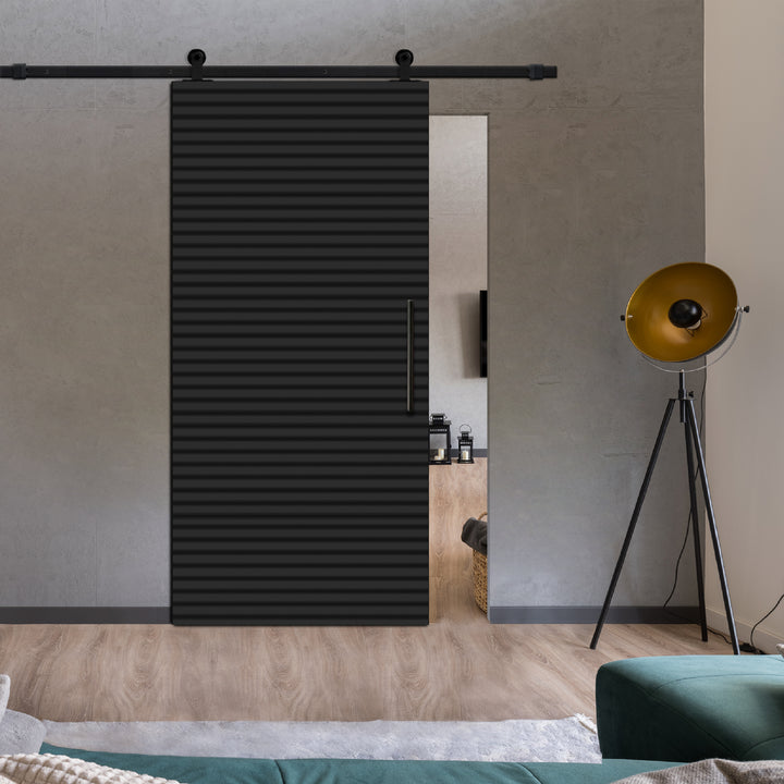 Fluted Wooden Sliding Barn Door With Horizontal Lines FWSB - 1385 - DoorDiscounter