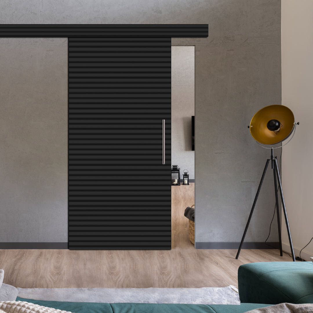 Fluted Wooden Sliding Barn Door With Horizontal Lines FWSB - 1385 - DoorDiscounter