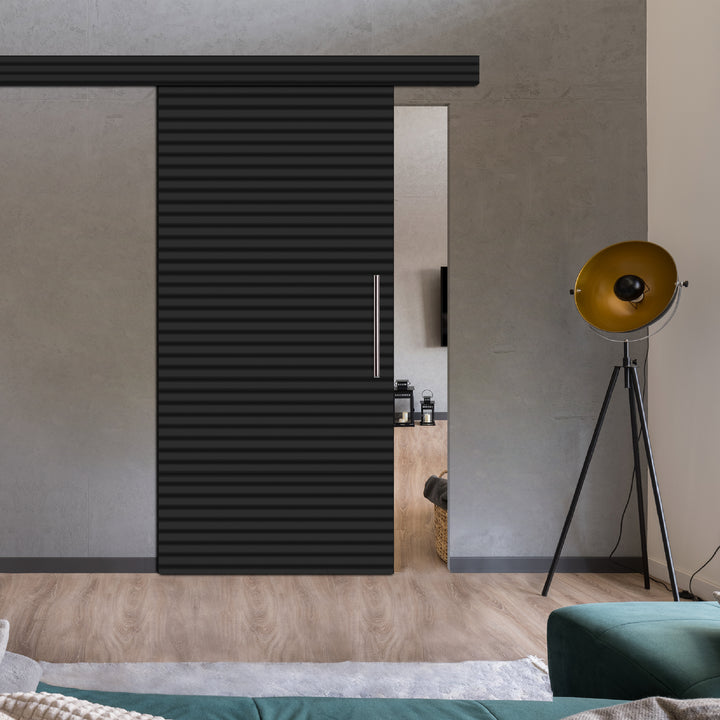Fluted Wooden Sliding Barn Door With Horizontal Lines FWSB - 1385 - DoorDiscounter