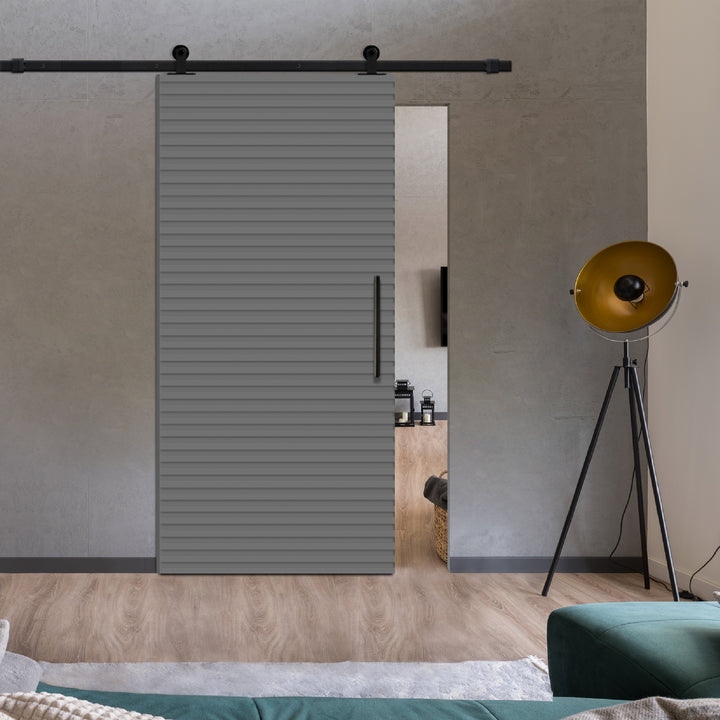Fluted Wooden Sliding Barn Door With Horizontal Lines FWSB - 1385 - DoorDiscounter