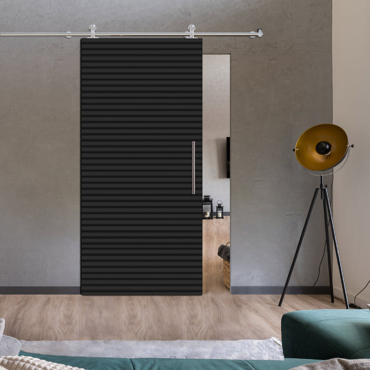 Fluted Wooden Sliding Barn Door With Horizontal Lines FWSB - 1385 - DoorDiscounter
