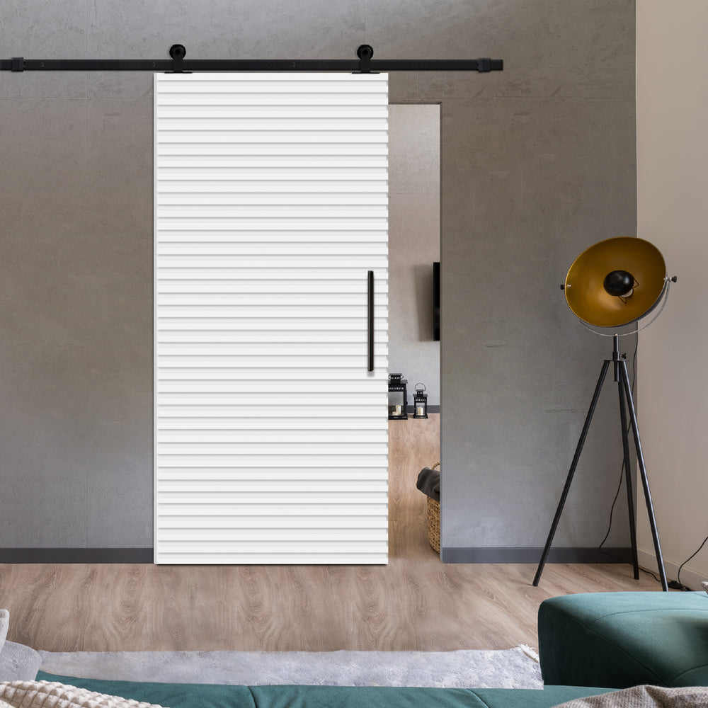 Fluted Wooden Sliding Barn Door With Horizontal Lines FWSB - 1385 - DoorDiscounter