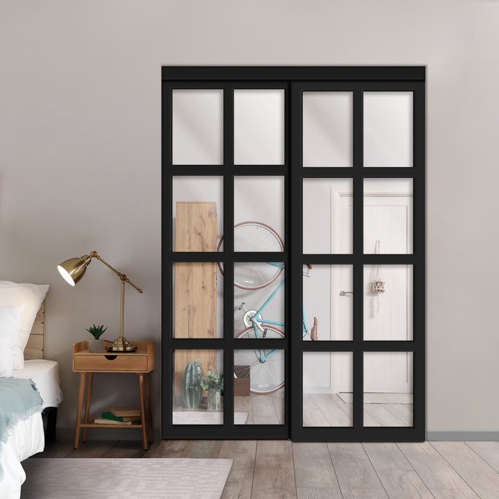 2-Leaf Industrial Style Sliding Closet Door with 8 Mirror Panels Insert Bmsc - 3247