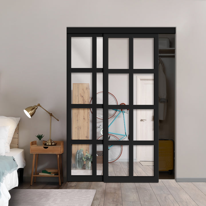 2-Leaf Industrial Style Sliding Closet Door with 8 Mirror Panels Insert Bmsc - 3247