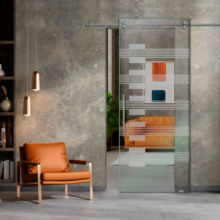 SLIDING GLASS BARN DOOR WITH FROSTED DESIGNS V2000 SGF1 - 0635 - DoorDiscounter