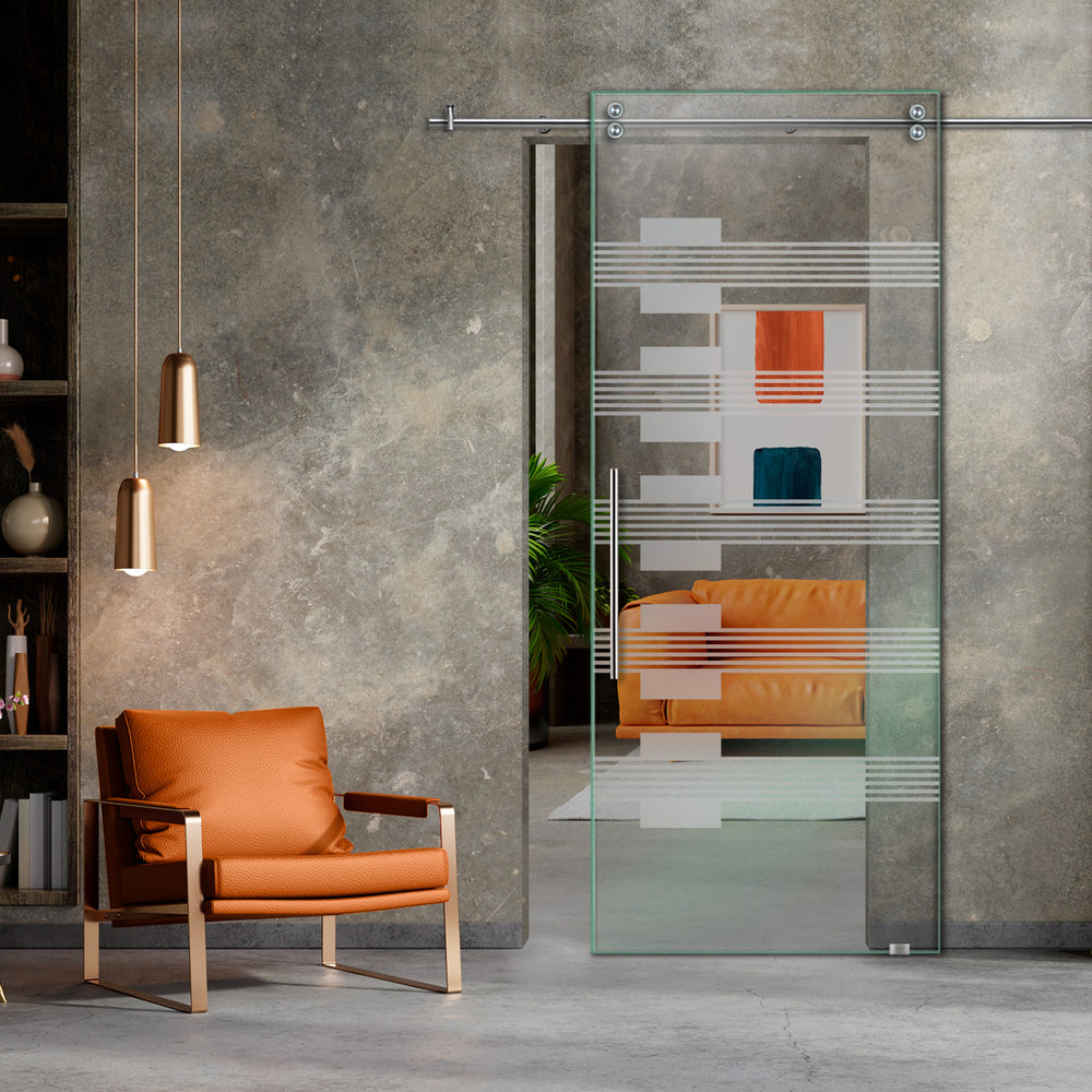 SLIDING GLASS BARN DOOR WITH FROSTED DESIGNS V2000 SGF1 - 0635 - DoorDiscounter