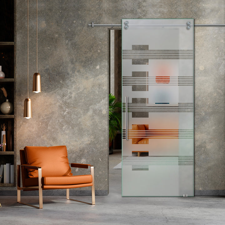 SLIDING GLASS BARN DOOR WITH FROSTED DESIGNS V2000 SGF1 - 0635 - DoorDiscounter