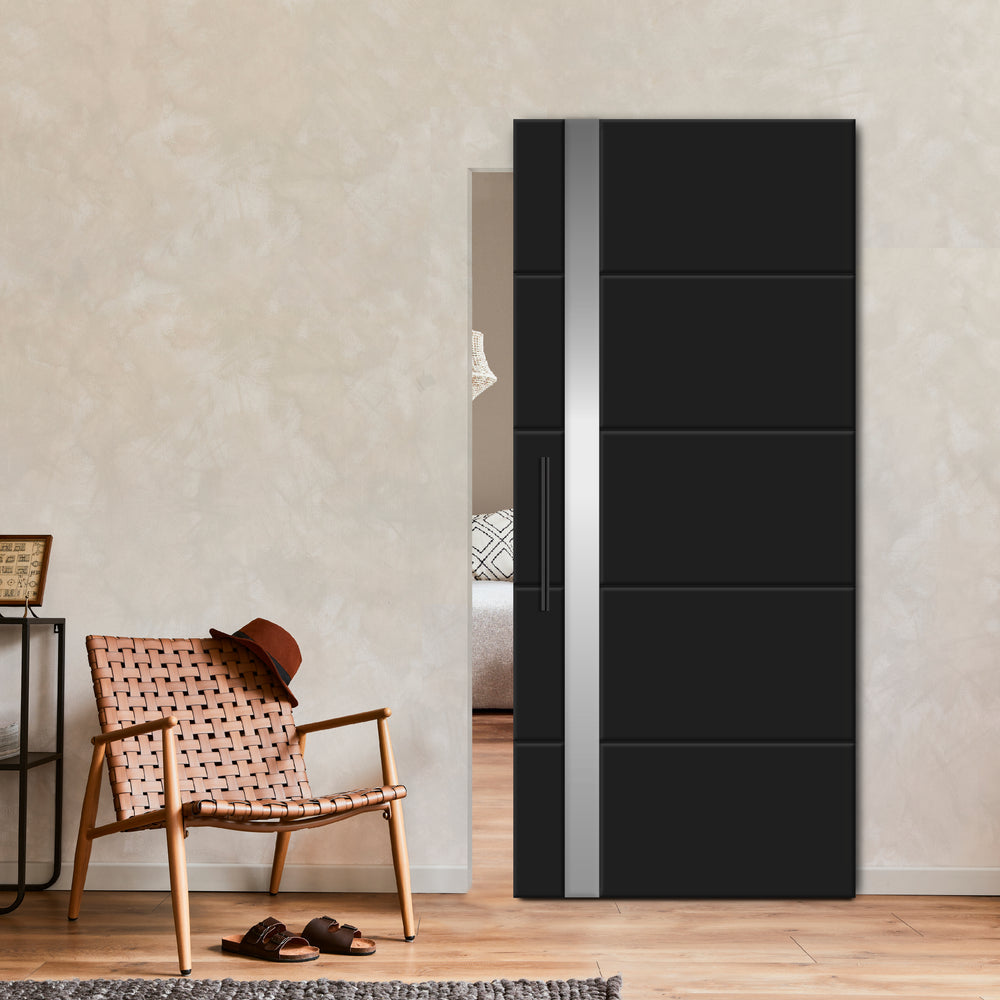 Flush Sliding Barn Door With Aluminium vertical Line & Hidden / Invisible Hardware FHID - 1012 - DoorDiscounter