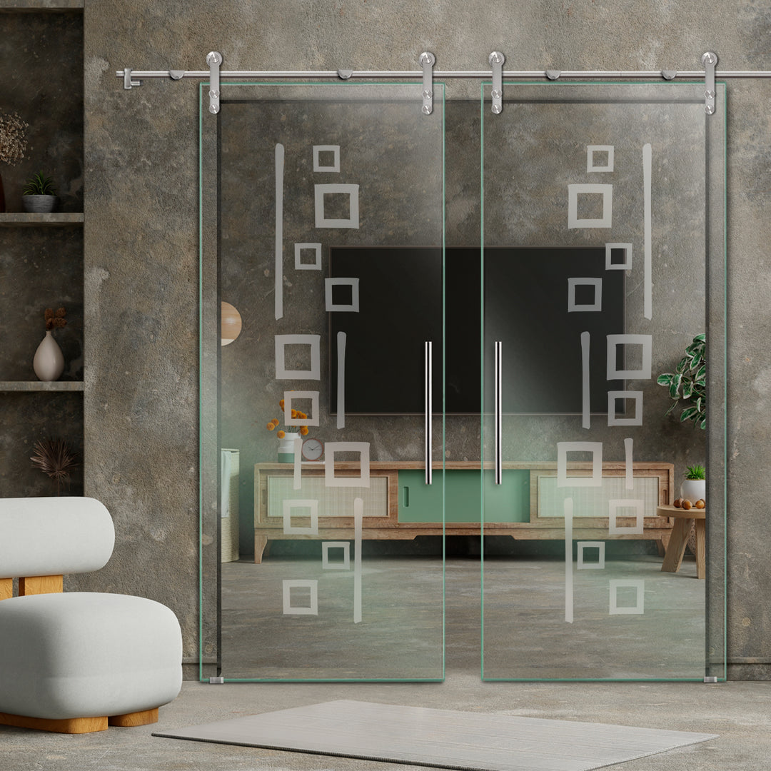 DOUBLE GLASS SLIDING BARN DOOR WITH DESIGN V1000 DSBD - 1738 - DoorDiscounter
