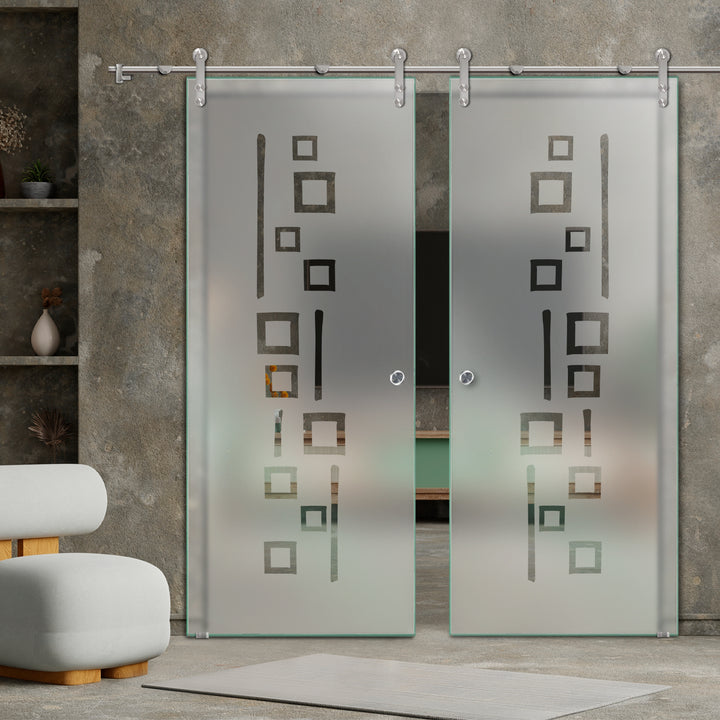 DOUBLE GLASS SLIDING BARN DOOR WITH DESIGN V1000 DSBD - 1738 - DoorDiscounter