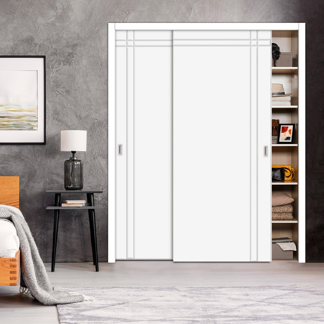 2 Leaf Bypass Sliding Closet Door with Modern Engraved Design & Hardware Kit 2SCD -0013 - DoorDiscounter