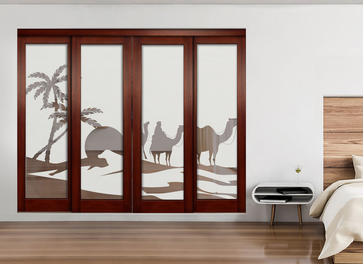 4 Leaf Sliding Bypass Closet Door with Mirror Effect & Camel Frosted Design Mec4 - 0532