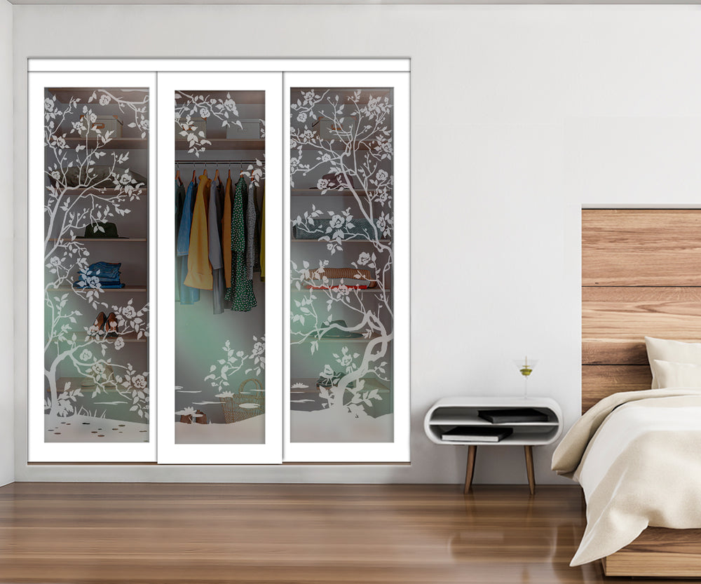 White Bypass Closet Door with Sandblasted Design Tempered Glass Panel Plg3 - 3882 - DoorDiscounter
