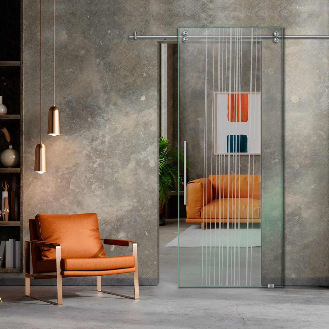 SLIDING GLASS BARN DOOR WITH FROSTED DESIGNS V2000 SGF1 - 0637 - DoorDiscounter