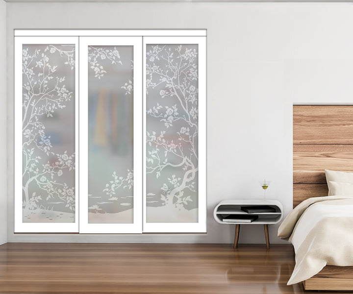 White Bypass Closet Door with Sandblasted Design Tempered Glass Panel Plg3 - 3882 - DoorDiscounter
