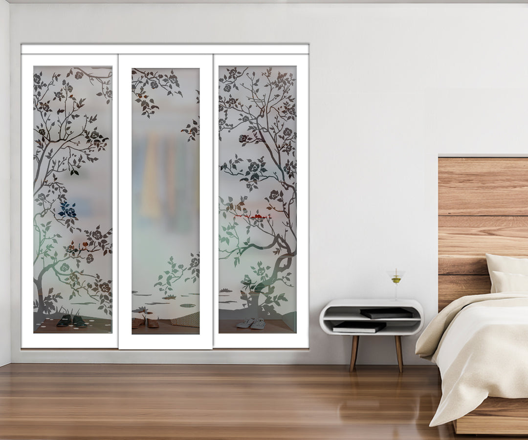 White Bypass Closet Door with Sandblasted Design Tempered Glass Panel Plg3 - 3882 - DoorDiscounter