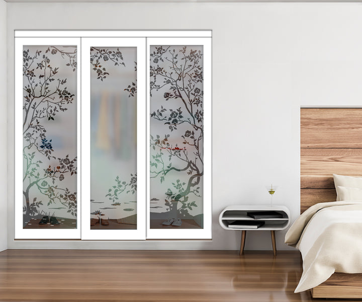 White Bypass Closet Door with Sandblasted Design Tempered Glass Panel Plg3 - 3882 - DoorDiscounter