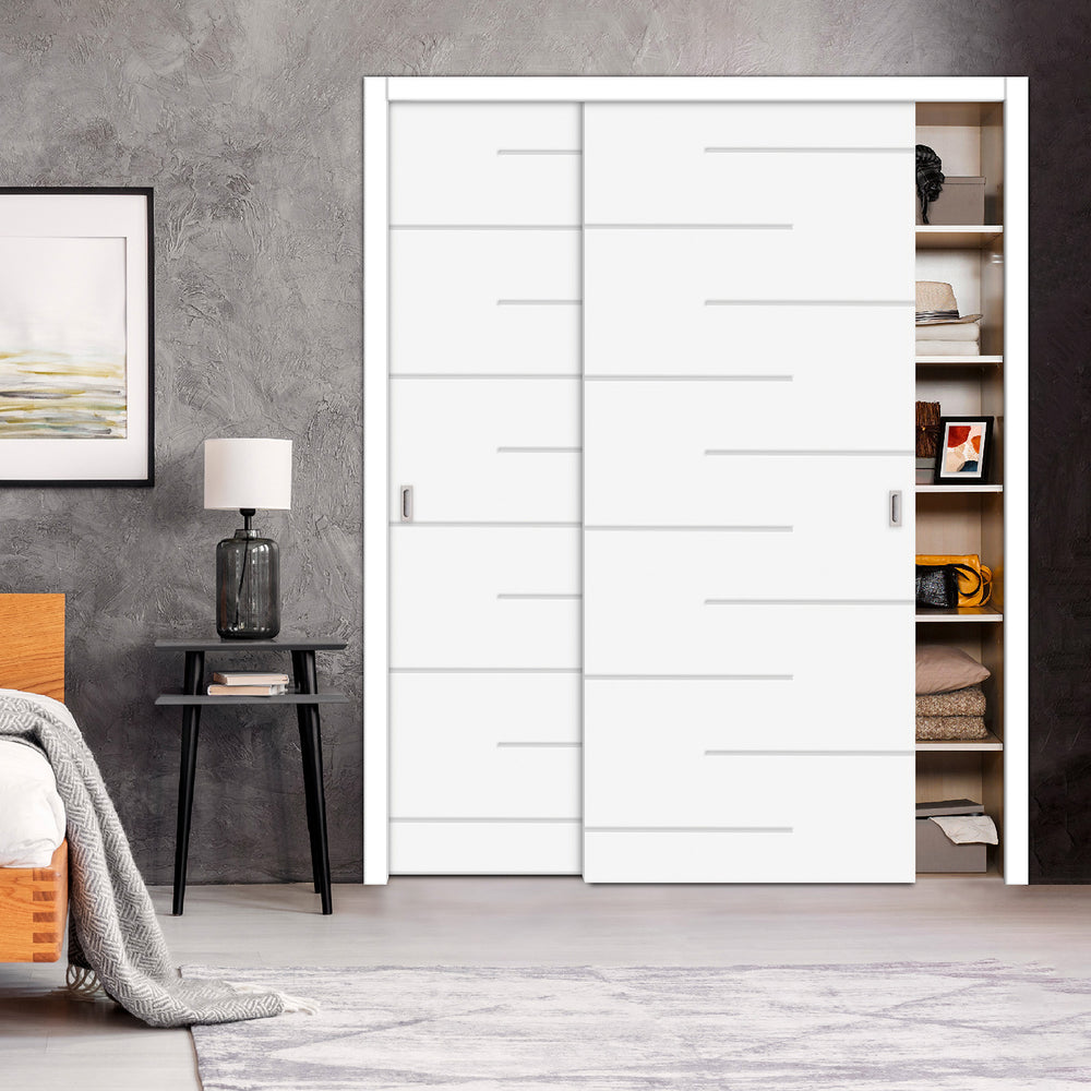 2 Leaf Bypass Sliding Closet Door with Modern Engraved Design & Hardware Kit 2SCD -0014 - DoorDiscounter