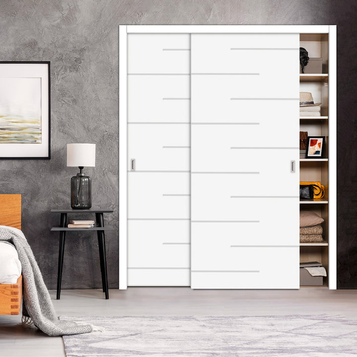 2 Leaf Bypass Sliding Closet Door with Modern Engraved Design & Hardware Kit 2SCD -0014 - DoorDiscounter
