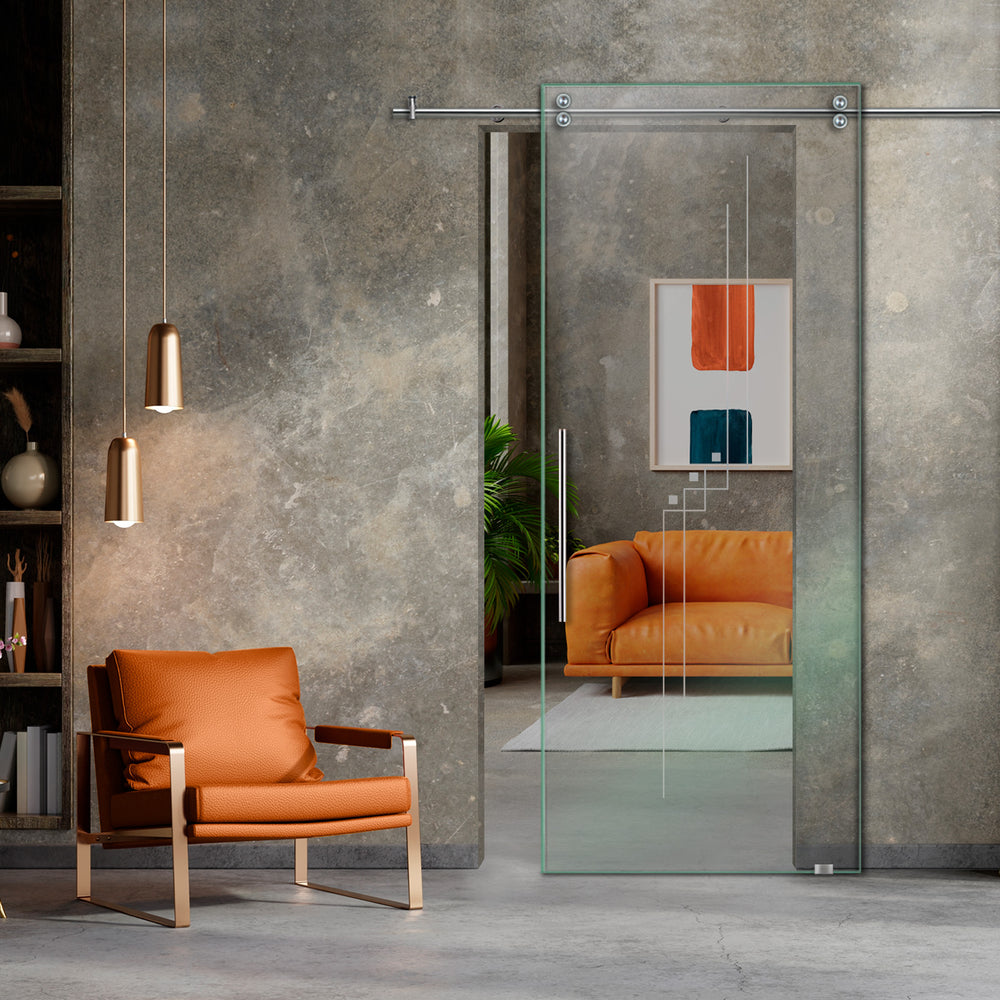 SLIDING GLASS BARN DOOR WITH FROSTED DESIGNS V2000 SGF1 - 0638 - DoorDiscounter