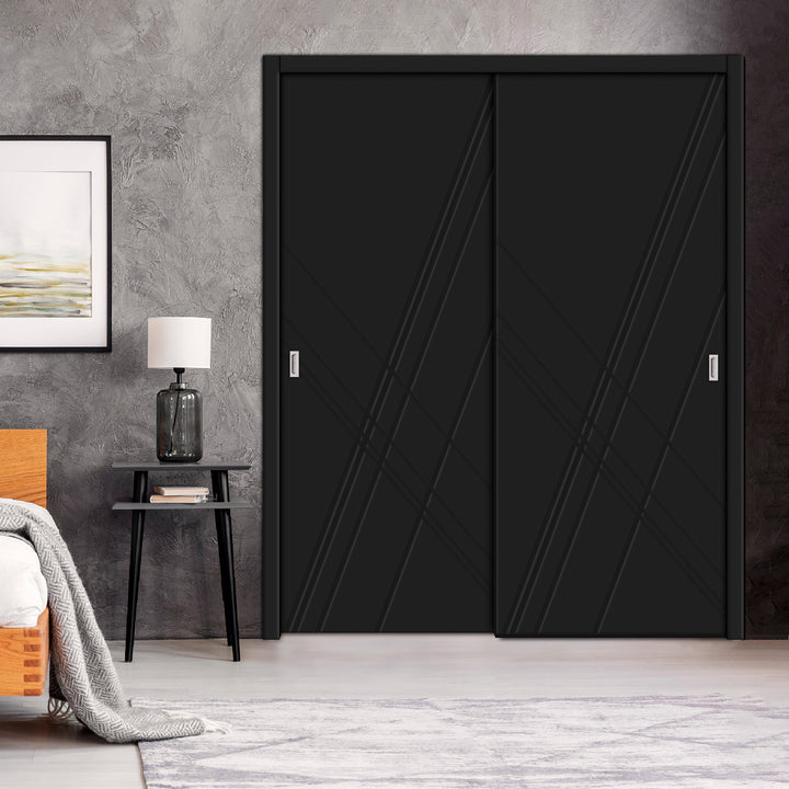 2 Leaf Bypass Sliding Closet Door with Modern Engraved Design & Hardware Kit 2SCD -0015 - DoorDiscounter