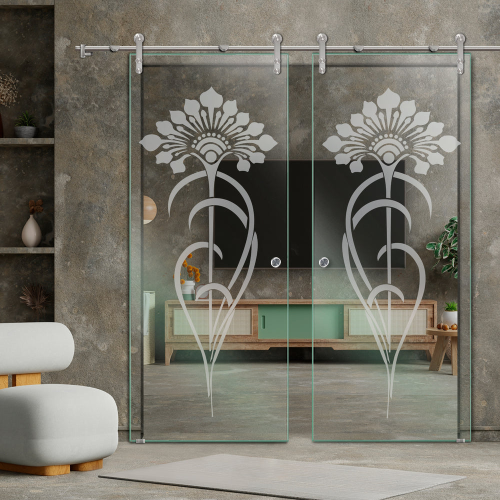 DOUBLE GLASS SLIDING BARN DOOR WITH DESIGN V1000 DSBD - 1679 - DoorDiscounter