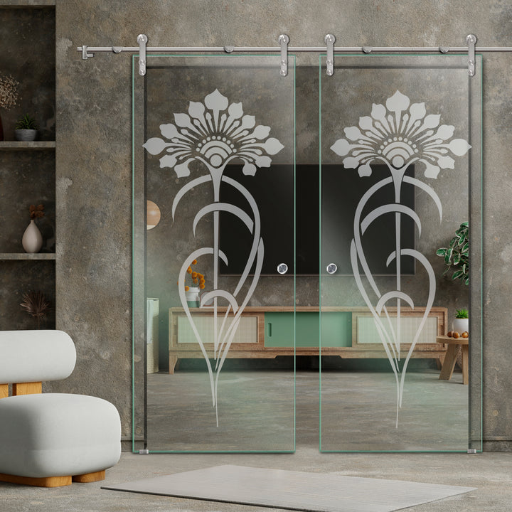 DOUBLE GLASS SLIDING BARN DOOR WITH DESIGN V1000 DSBD - 1679 - DoorDiscounter