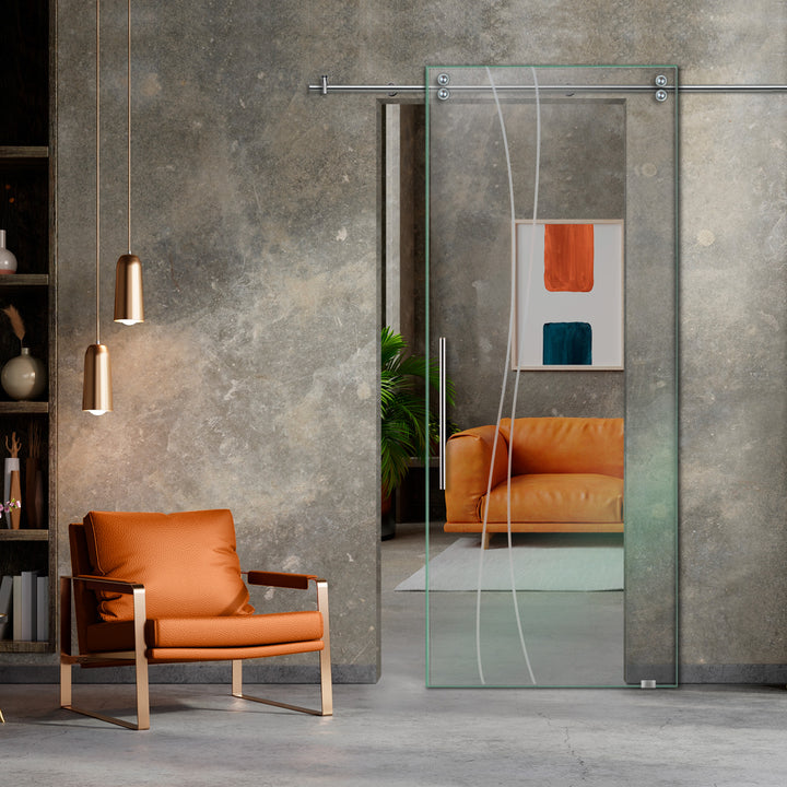 SLIDING GLASS BARN DOOR WITH FROSTED DESIGNS V2000 SGF1 - 0639 - DoorDiscounter