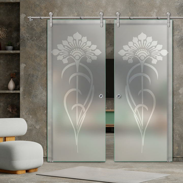 DOUBLE GLASS SLIDING BARN DOOR WITH DESIGN V1000 DSBD - 1679 - DoorDiscounter