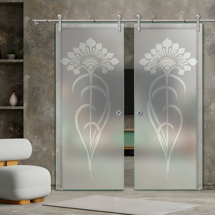 DOUBLE GLASS SLIDING BARN DOOR WITH DESIGN V1000 DSBD - 1679 - DoorDiscounter