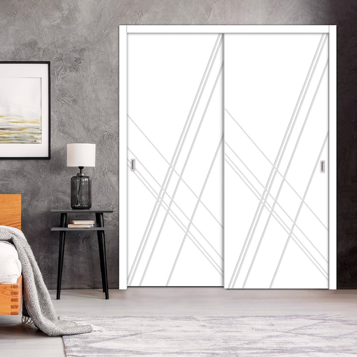 2 Leaf Bypass Sliding Closet Door with Modern Engraved Design & Hardware Kit 2SCD -0015 - DoorDiscounter