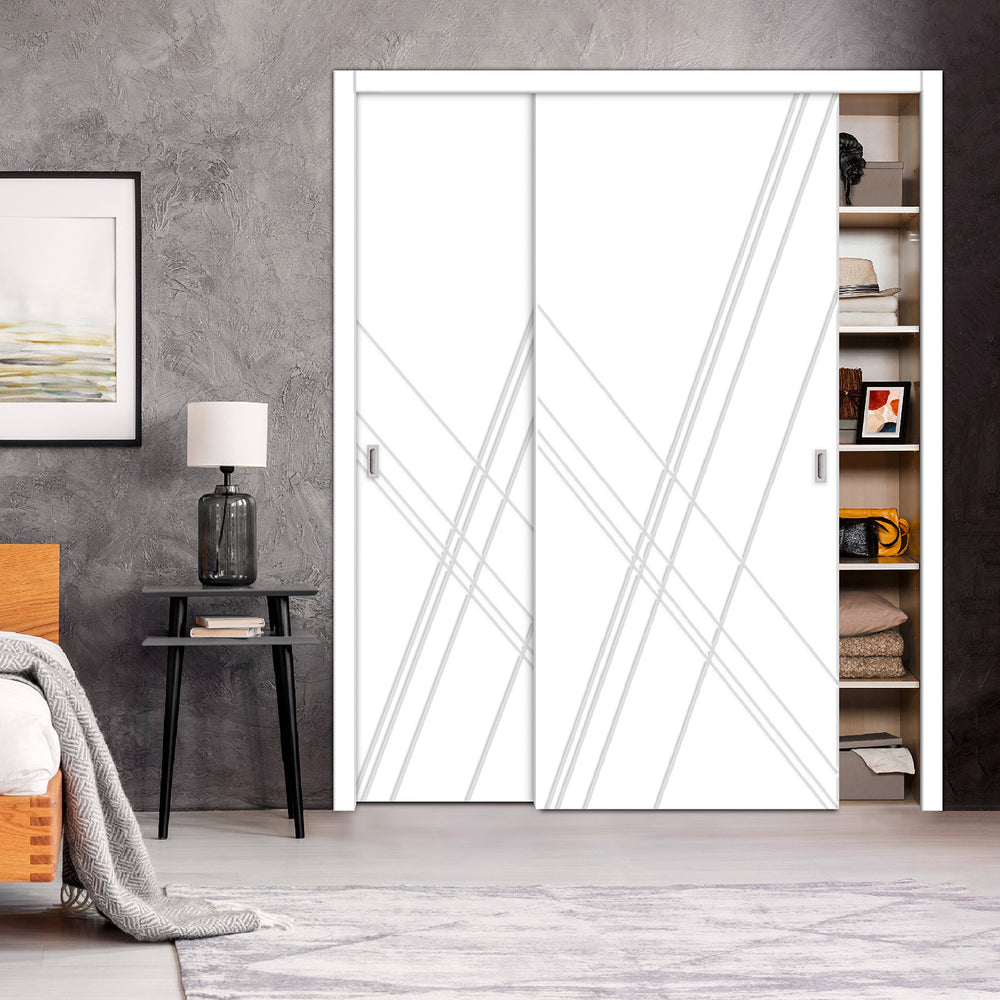 2 Leaf Bypass Sliding Closet Door with Modern Engraved Design & Hardware Kit 2SCD -0015 - DoorDiscounter