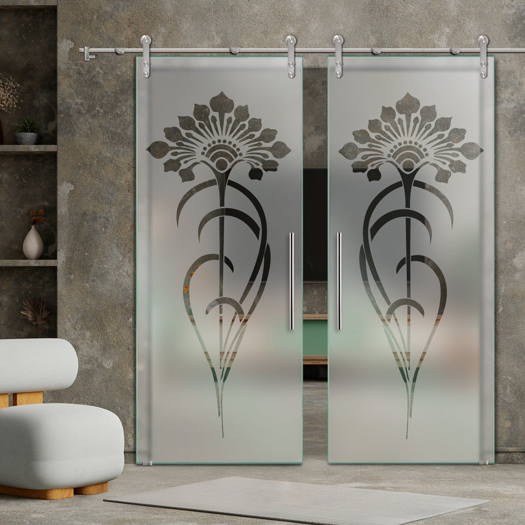 DOUBLE GLASS SLIDING BARN DOOR WITH DESIGN V1000 DSBD - 1679 - DoorDiscounter