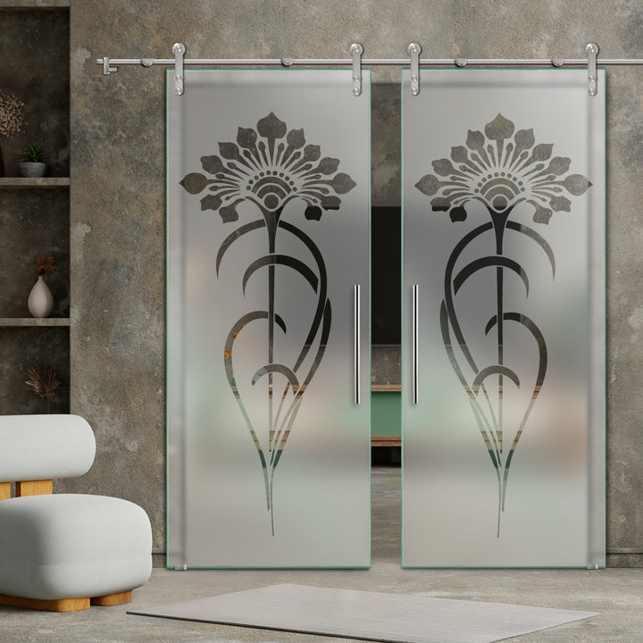 DOUBLE GLASS SLIDING BARN DOOR WITH DESIGN V1000 DSBD - 1679 - DoorDiscounter