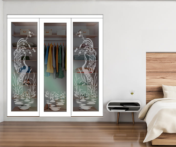 White Bypass Closet Door with Sandblasted Design Tempered Glass Panel Plg3 - 3885 - DoorDiscounter