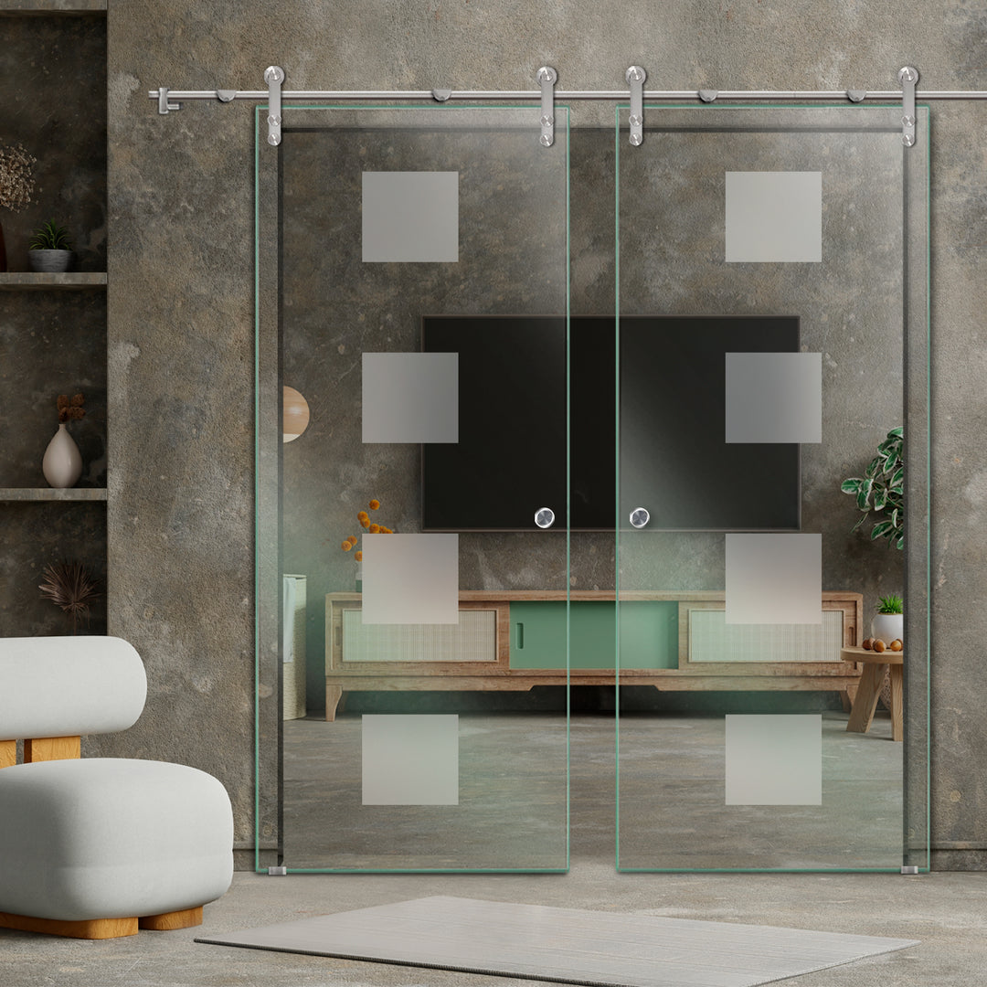 DOUBLE GLASS SLIDING BARN DOOR WITH DESIGN V1000 DSBD - 1736 - DoorDiscounter