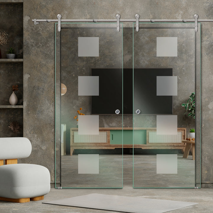 DOUBLE GLASS SLIDING BARN DOOR WITH DESIGN V1000 DSBD - 1736 - DoorDiscounter