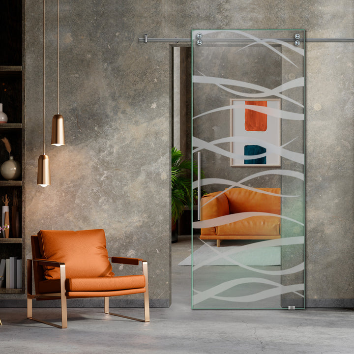 SLIDING GLASS BARN DOOR WITH FROSTED DESIGNS V2000 SGF1 - 0640 - DoorDiscounter