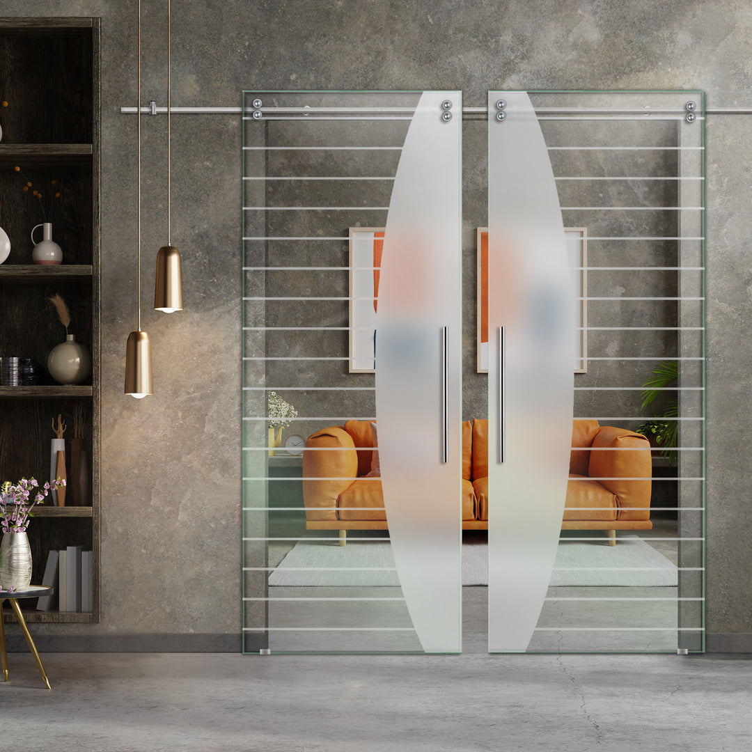 Double Sliding Glass Barn Door With Frosted Designs V2000 Sgf2 - 0750 - DoorDiscounter