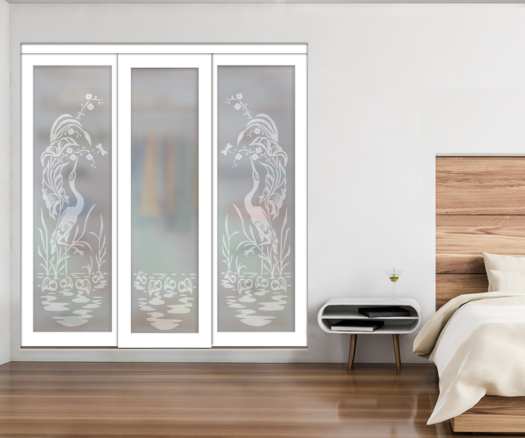 White Bypass Closet Door with Sandblasted Design Tempered Glass Panel Plg3 - 3885 - DoorDiscounter