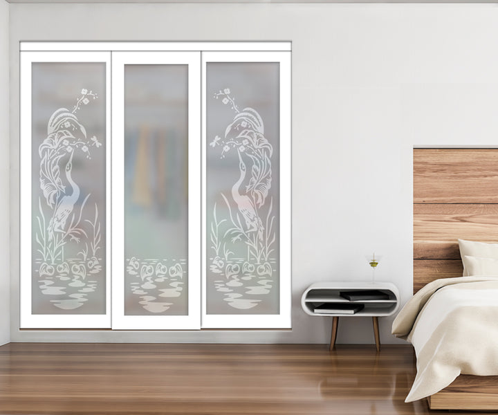 White Bypass Closet Door with Sandblasted Design Tempered Glass Panel Plg3 - 3885 - DoorDiscounter