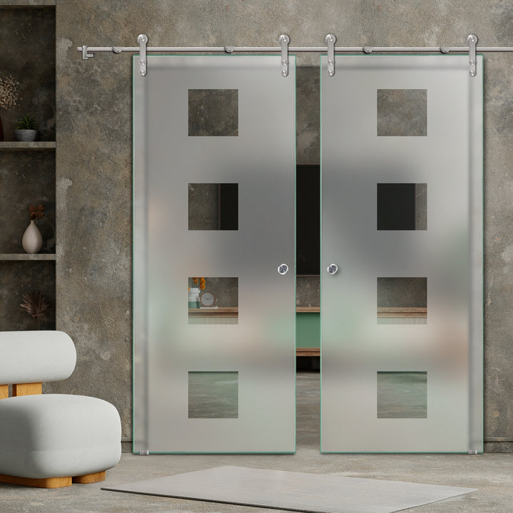 DOUBLE GLASS SLIDING BARN DOOR WITH DESIGN V1000 DSBD - 1736 - DoorDiscounter