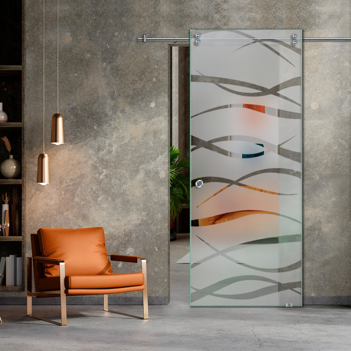SLIDING GLASS BARN DOOR WITH FROSTED DESIGNS V2000 SGF1 - 0640 - DoorDiscounter